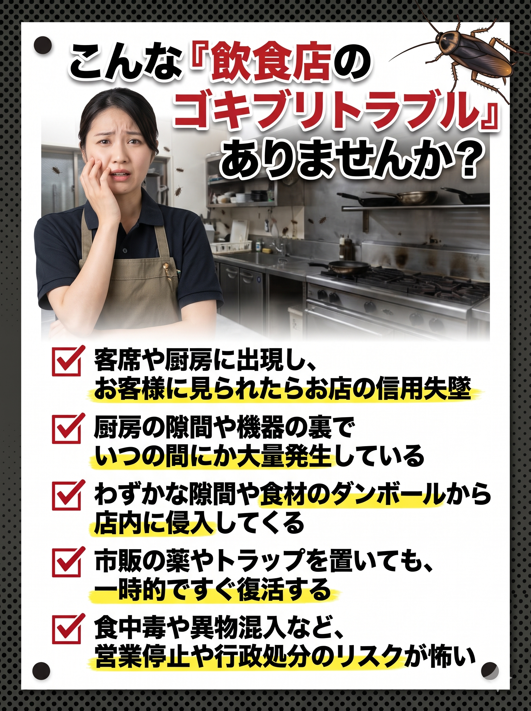 ゴキブリTOPの飲食店ゴキブリ被害・こんなお悩みありませんか？